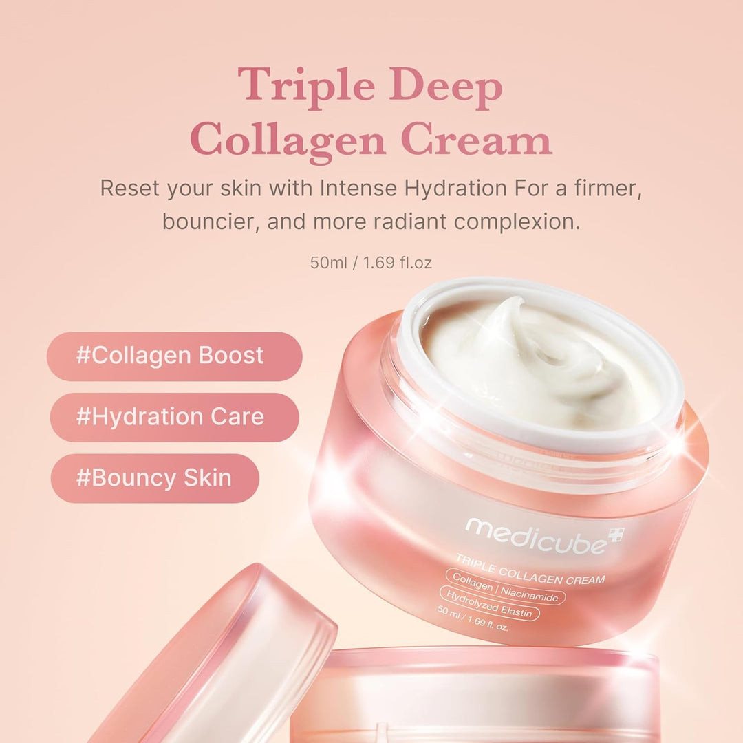 Medicube Triple Collagen Cream - Hydrating &amp; Firming Moisturizer with Hyaluronic Acid, Premium Elastin, Shea Butter - Wrinkle Care &amp; Boosts Elasticity - Korean Skincare, 1.69 oz