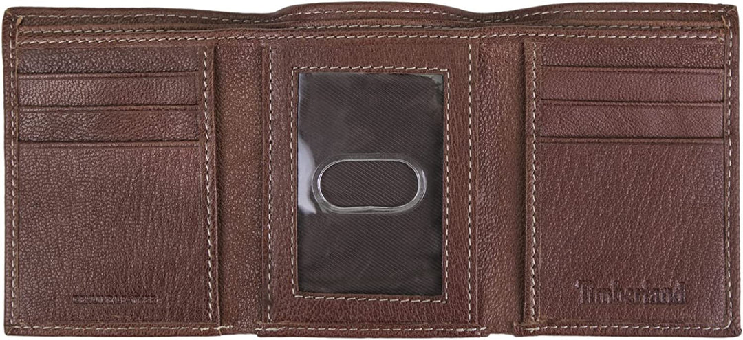 Timberland Men's Leather Trifold Wallet with Id Window Brown D97018 - 3alababak