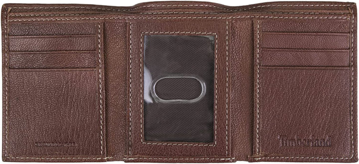 Timberland Men's Leather Trifold Wallet with Id Window Brown D97018 - 3alababak