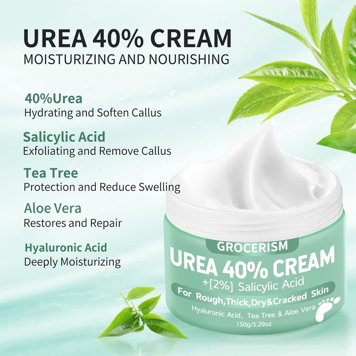 Grocerism Urea Cream 40 Percent For Feet Plus 2% Salicylic Acid 5.29 oz || Foot Cream and Hand Cream Maximum Strength with Hyaluronic Acid,Tea Tree,and Aloe Vera For Deep Moisturizes,Callus Remover Visit the Grocerism Store