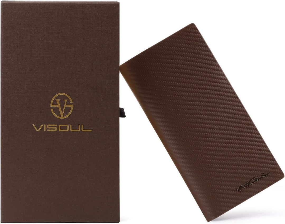 VISOUL Mens Leather Long Checkbook Bifold Wallets with RFID Blocking, Carbon Fiber Leather Tall Wallets for Men (Brown+Brown)