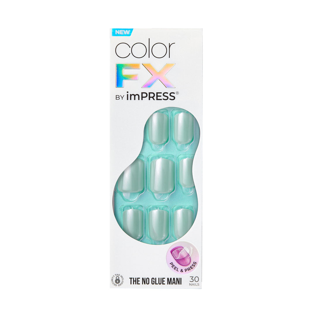 KISS colorFX by imPRESS Press On Nails , ‘Reconnect’, Solid Blue with Pearlescent Finish, Short Oval, New &amp; Improved Adhesive, Includes 30 Fake Nails, Prep Pad, 1 Manicure Stick, 1 Mini Nail File