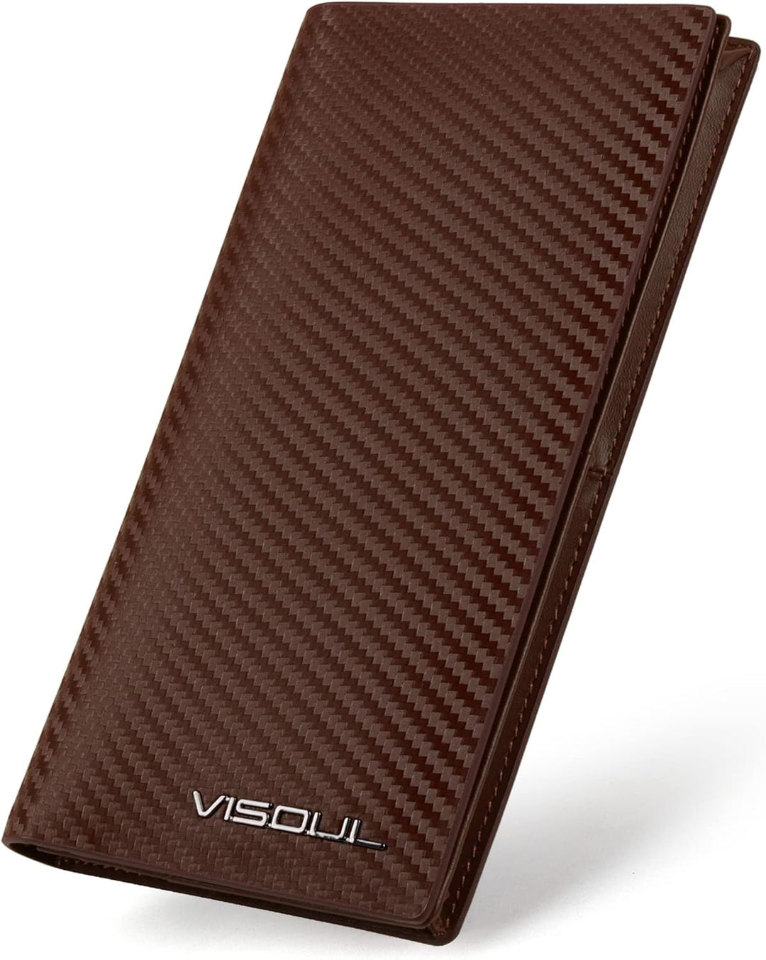 VISOUL Mens Leather Long Checkbook Bifold Wallets with RFID Blocking, Carbon Fiber Leather Tall Wallets for Men (Brown+Brown)