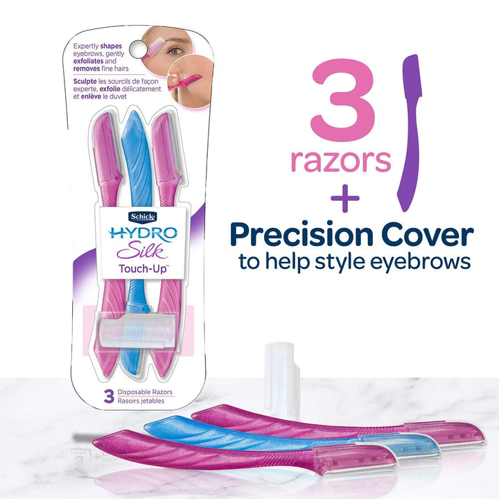 Schick Hydro Silk Touch-Up Multipurpose Exfoliating Dermaplaning Tool, Eyebrow Razor, and Facial Razor with Precision Cover, 3 Count - 3alababak