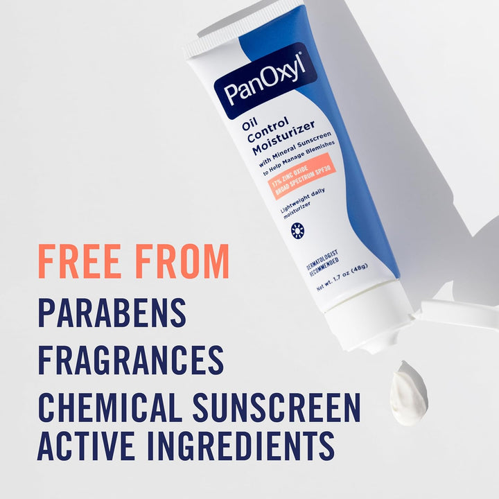 PanOxyl AM Oil Control Moisturizer, NEW Sheer Formula, Absorbs Excess Oil and Reduces Shine, with Mineral Sunscreen for Acne Prone and Oily And All Skin Tones - 1.7 oz