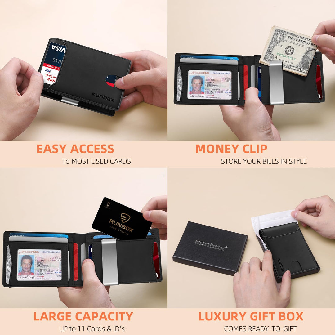 محفظة رن بوكس (RUNBOX) النحيفة للرجال - محفظة جلدية ثنائية الطي مزودة بمشبك للنقود وحماية من مسح البيانات (RFID)، تصميم بسيط للجيب الأمامي، تتسع لـ 11 بطاقة، تصميم رفيع، حماية من مسح البيانات (RFID)
