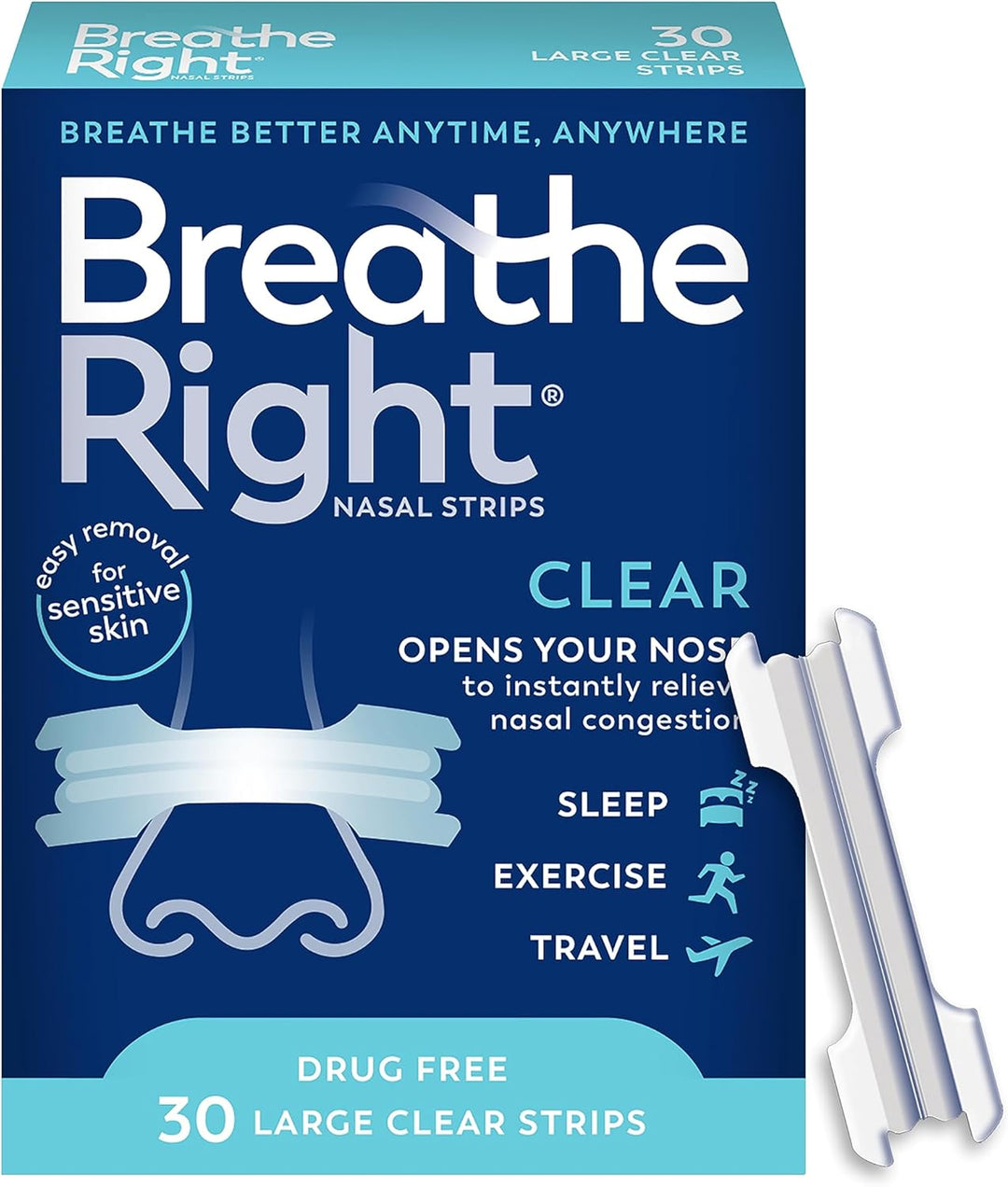 Breathe Right Nasal Strips, Clear Large Nose Strips, Snoring, Nasal Congestion, Deviated Septum, Allergies, 30 Ct