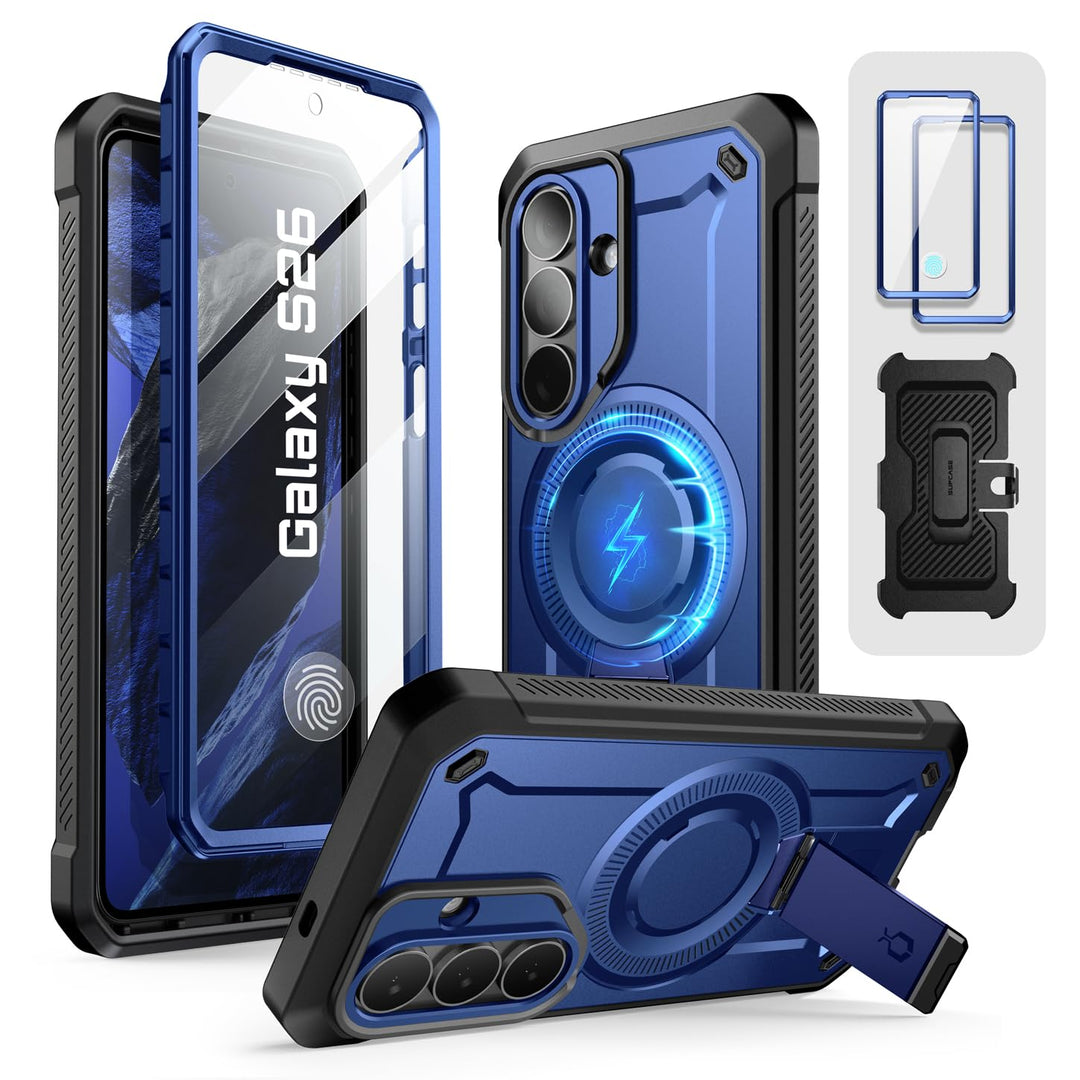 حافظة SUPCASE لسلسلة Samsung Galaxy S26 مزودة بحامل مدمج، وحماية بمعيار عسكري، ومتوافقة مع MagSafe، ومشبك حزام قابل للفصل، وواقي شاشة وإطار أمامي مدمجين، UBPro Mag