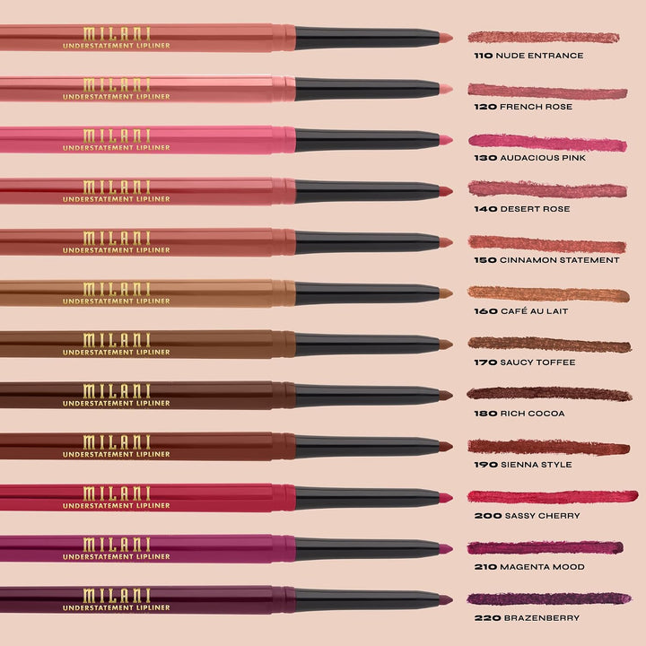قلم تحديد الشفاه Milani Understatement - قلم تحديد شفاه غني بالألوان مع قلم قابل للسحب وتركيبة ناعمة وكريمية. نباتي، ولم يتم اختباره على الحيوانات، صُنع في الولايات المتحدة الأمريكية.