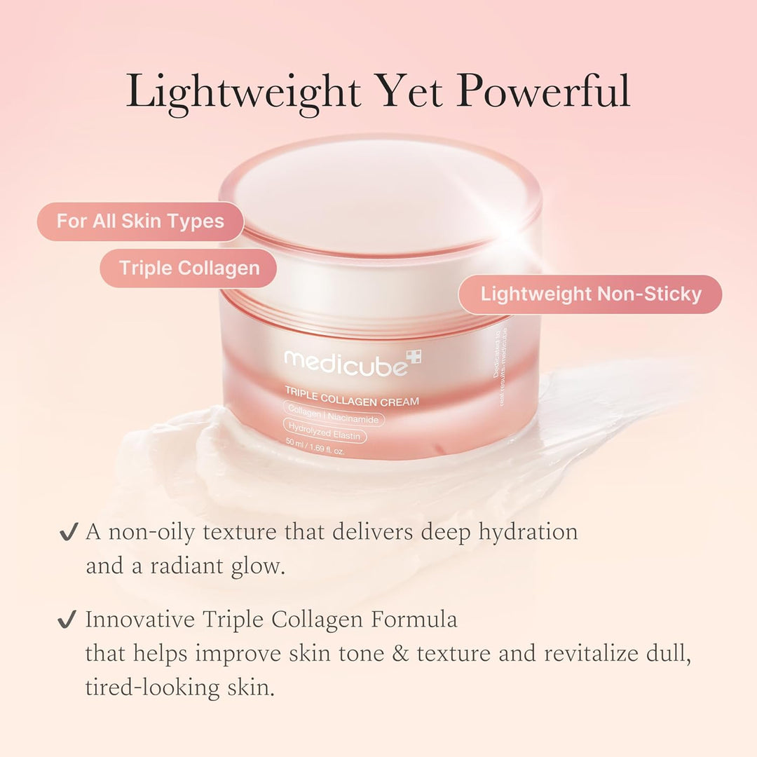 Medicube Triple Collagen Cream - Hydrating &amp; Firming Moisturizer with Hyaluronic Acid, Premium Elastin, Shea Butter - Wrinkle Care &amp; Boosts Elasticity - Korean Skincare, 1.69 oz