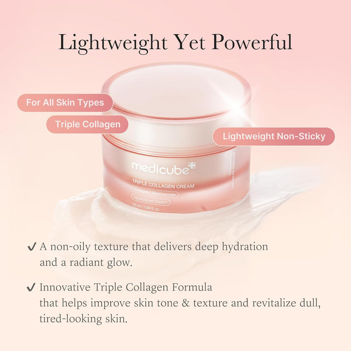 Medicube Triple Collagen Cream - Hydrating &amp; Firming Moisturizer with Hyaluronic Acid, Premium Elastin, Shea Butter - Wrinkle Care &amp; Boosts Elasticity - Korean Skincare, 1.69 oz
