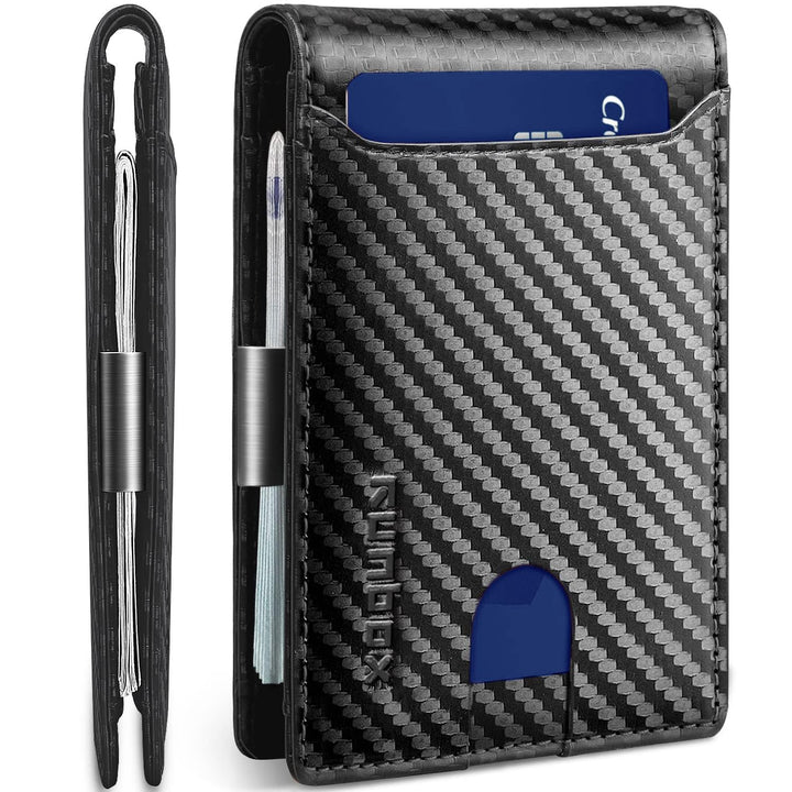 محفظة رن بوكس (RUNBOX) النحيفة للرجال - محفظة جلدية ثنائية الطي مزودة بمشبك للنقود وحماية من مسح البيانات (RFID)، تصميم بسيط للجيب الأمامي، تتسع لـ 11 بطاقة، تصميم رفيع، حماية من مسح البيانات (RFID)