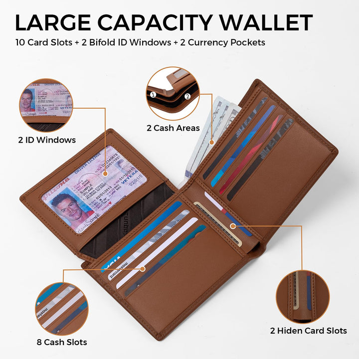 RUNBOX Wallet for Men Leather RFID Blocking Bifold Front Pocket Wallet Genuine Leather,Slim,12 Card Slots,2 ID Windows,2 Money Pockets, Gift for Men,Compact Travel Business Passport