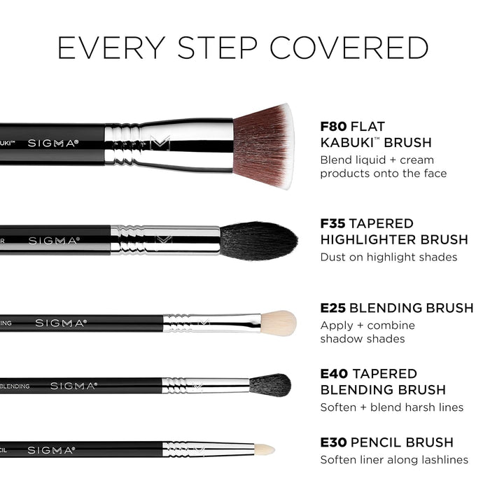 Sigma Beauty Most-Wanted Brush Set - 5-Pc Premium Face &amp; Eye Makeup Brushes SigmaTech Synthetic Fibers With Waterproof Handles For Liquid, Cream and Powder Application Plus Durable SigmaAlloy Ferrules