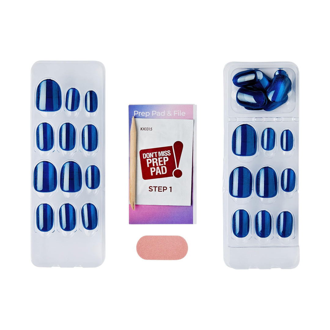 KISS colorFX by imPRESS Press On Nails , ‘Reconnect’, Solid Blue with Pearlescent Finish, Short Oval, New &amp; Improved Adhesive, Includes 30 Fake Nails, Prep Pad, 1 Manicure Stick, 1 Mini Nail File