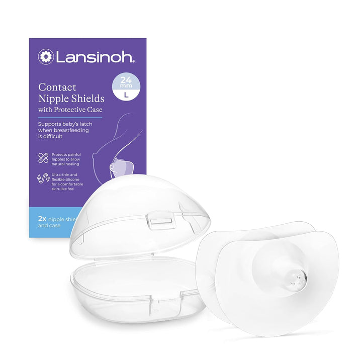 Lansinoh Contact Nipple Shields for Nursing Mothers, Ultra-Thin Soft &amp; Flexible Medical-Grade Silicone Shields for Sensitive Nipples and Latch-On Support, (1 inch or 24mm), with Case, 2 Count