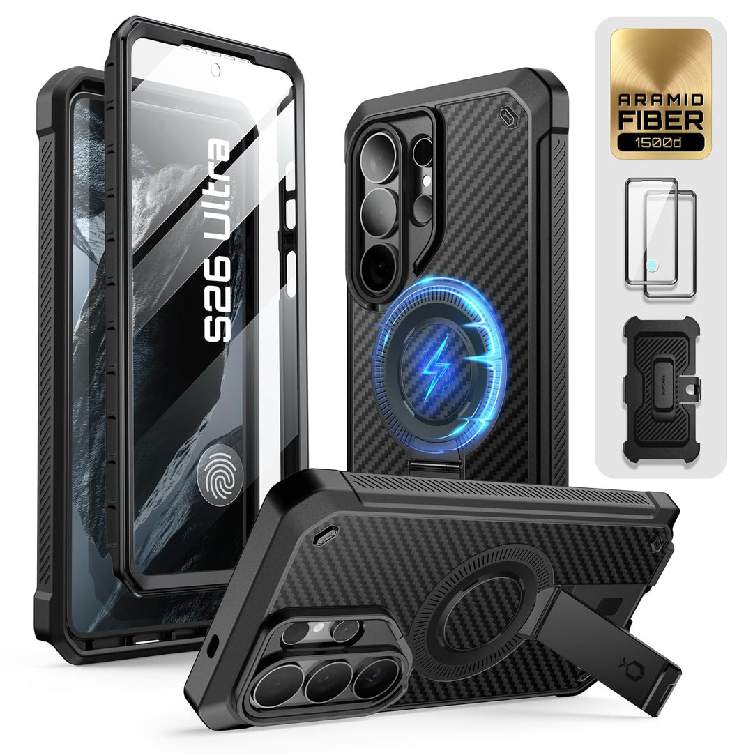 حافظة SUPCASE لسلسلة Samsung Galaxy S26 مزودة بحامل مدمج، وحماية بمعيار عسكري، ومتوافقة مع MagSafe، ومشبك حزام قابل للفصل، وواقي شاشة وإطار أمامي مدمجين، UBPro Mag