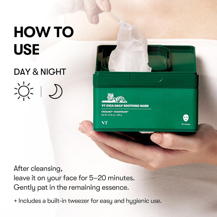 VT COSMETICS CICA قناع مهدئ يومي 30 ورقة، سنتيلا اسياتيكا وحمض الهيالورونيك للترطيب والتغذية، تهدئة فورية وإشراقة، قناع وجه لتنعيم البشرة، قناع وجه كوري