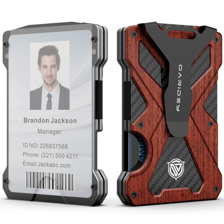 Oaridey Minimalist Wallet for Men- Slim Aluminum Metal Money Clip with Clear ID Card Holder, RFID Blocking, Holds up 15 Cards with Cash Clip, Ultra-Thin Tactical Carbon Fiber