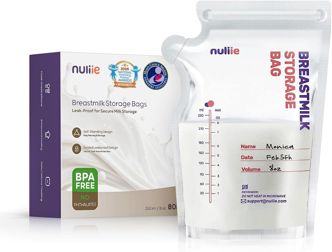 Nuliie Breastmilk Storage Bags Freezer, 8 OZ Breast Milk Storing Bags, BPA-Free, Milk Storage Bags with Pour Spout for Breastfeeding, Self-Standing Bag, Space Saving Flat Profile