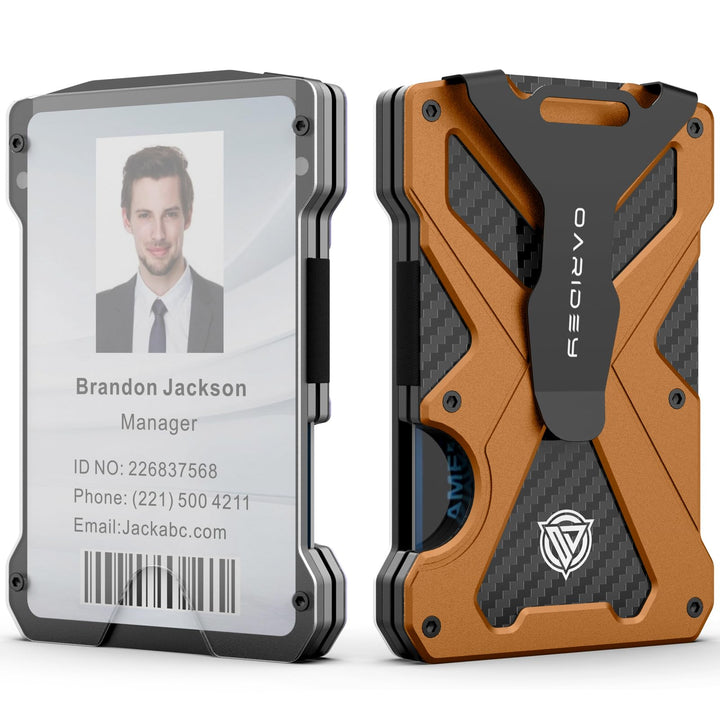 Oaridey Minimalist Wallet for Men- Slim Aluminum Metal Money Clip with Clear ID Card Holder, RFID Blocking, Holds up 15 Cards with Cash Clip, Ultra-Thin Tactical Carbon Fiber