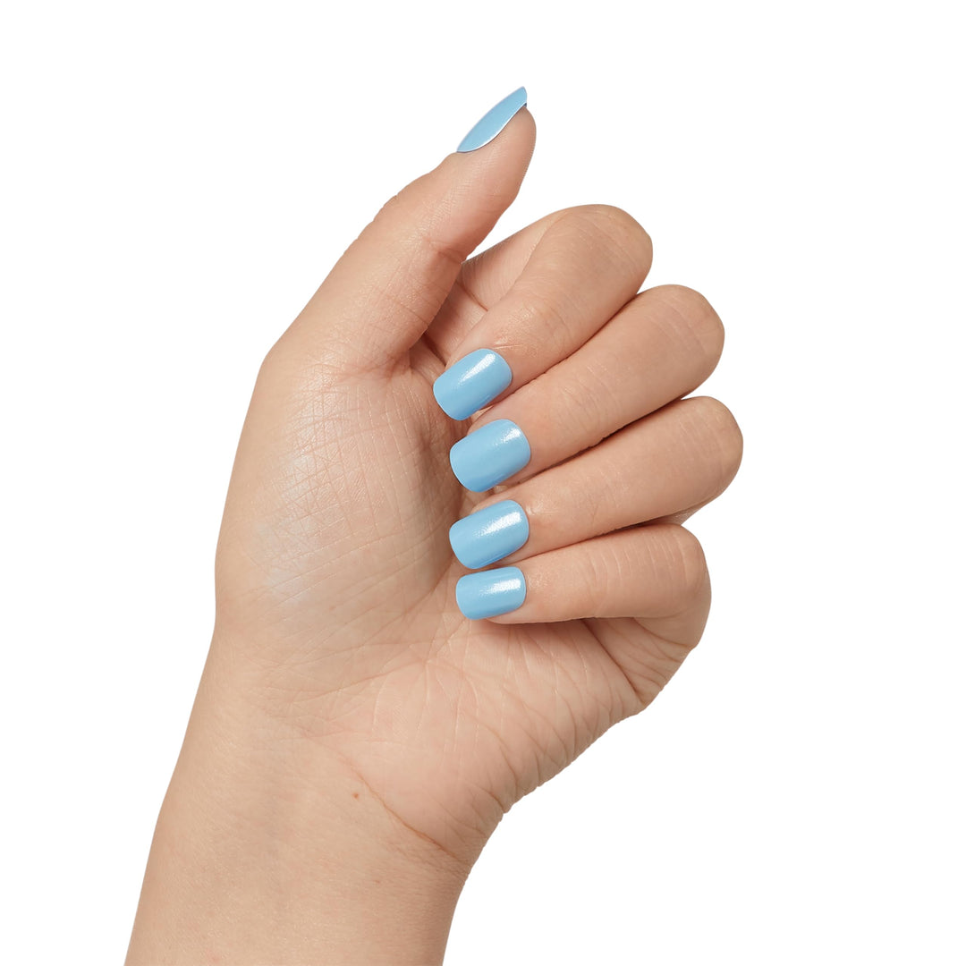 KISS colorFX by imPRESS Press On Nails , ‘Reconnect’, Solid Blue with Pearlescent Finish, Short Oval, New &amp; Improved Adhesive, Includes 30 Fake Nails, Prep Pad, 1 Manicure Stick, 1 Mini Nail File