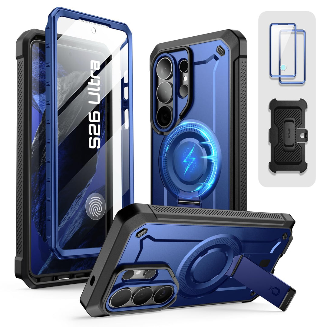 حافظة SUPCASE لسلسلة Samsung Galaxy S26 مزودة بحامل مدمج، وحماية بمعيار عسكري، ومتوافقة مع MagSafe، ومشبك حزام قابل للفصل، وواقي شاشة وإطار أمامي مدمجين، UBPro Mag
