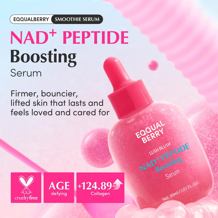 EQQUALBERRY NAD+ Peptide Boosting Serum – Niacinamide 2% + 14 Peptides + Vegan Collagen Anti-Aging Korean Skincare Face &amp; Neck &amp; Body Serum | Firming &amp; Lifting Pink Serum (1.01oz / 30ml)