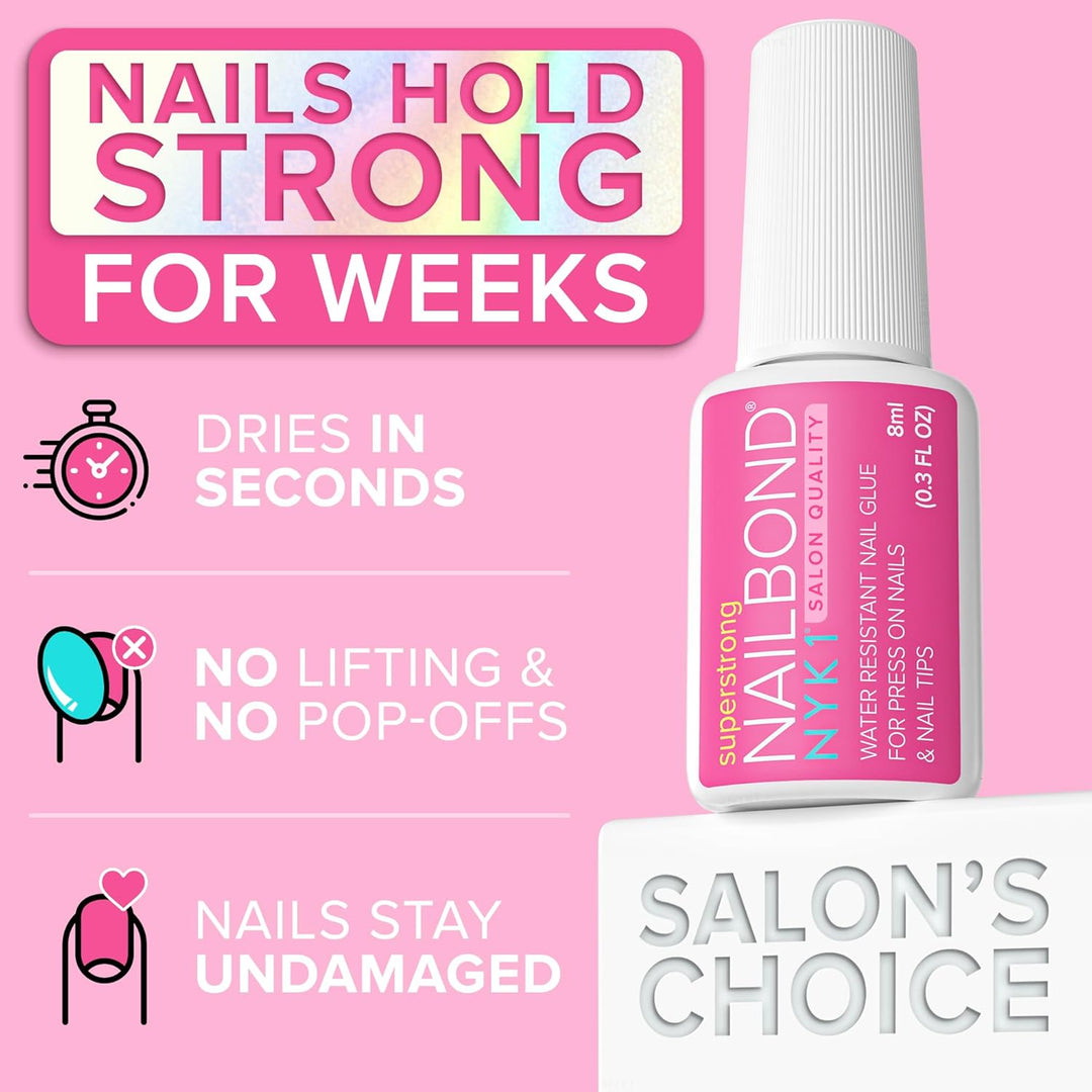 NYK1 Super Strong Nail Glue for Press On Nails, Nail Tips &amp; Acrylic Nails (8ml) NYK1 NailBond Brush On Glue for Press Ons, Tips &amp; Acrylics - Long Lasting, Maximum Strength, Mess-Free Application
