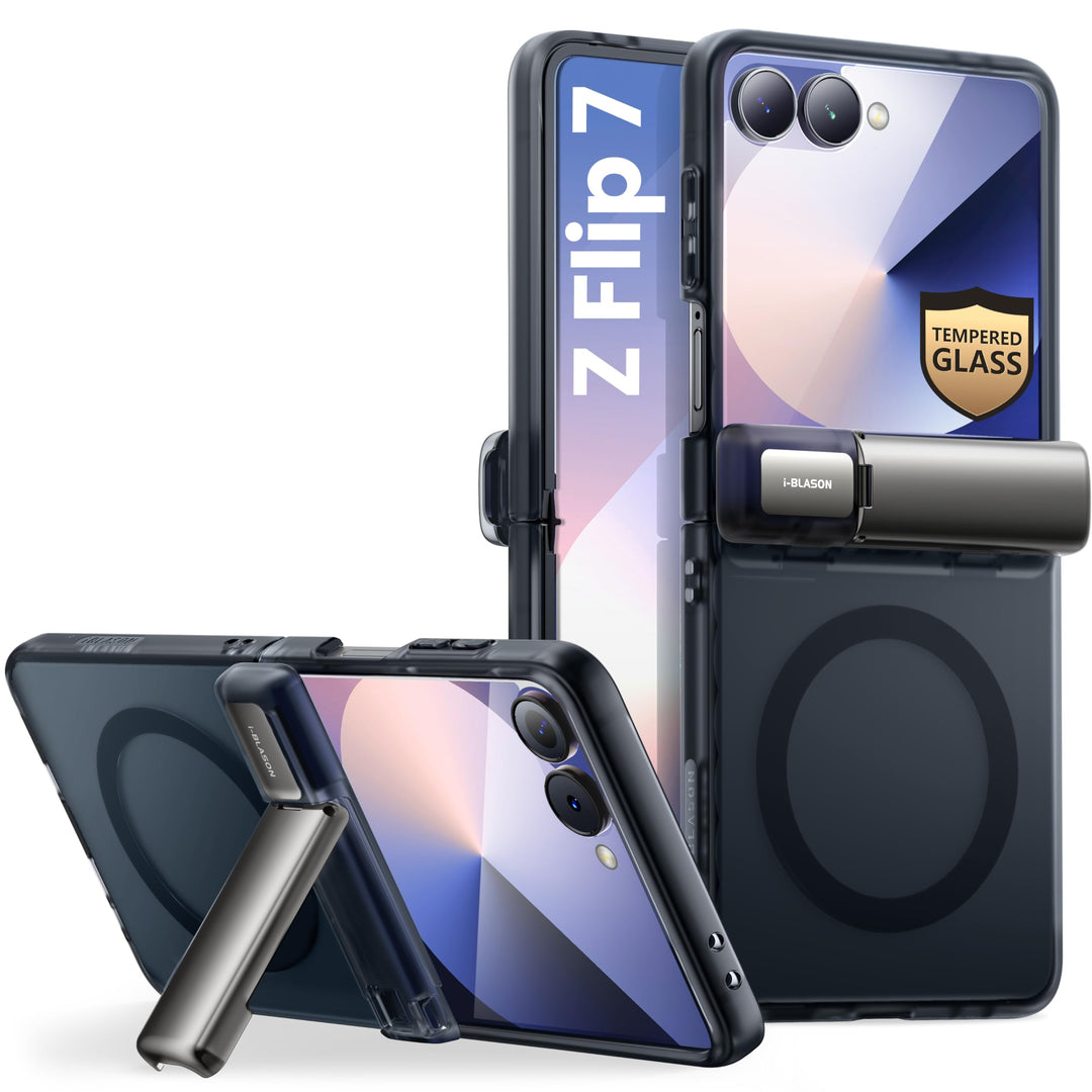 i-Blason for Samsung Galaxy Z Flip 7 Case with Stand [Tempered Glass Screen Protector] [Hinge Protection] [Support Wireless Charging] Slim Matte Protective Magnetic Phone Case for Z Flip 7
