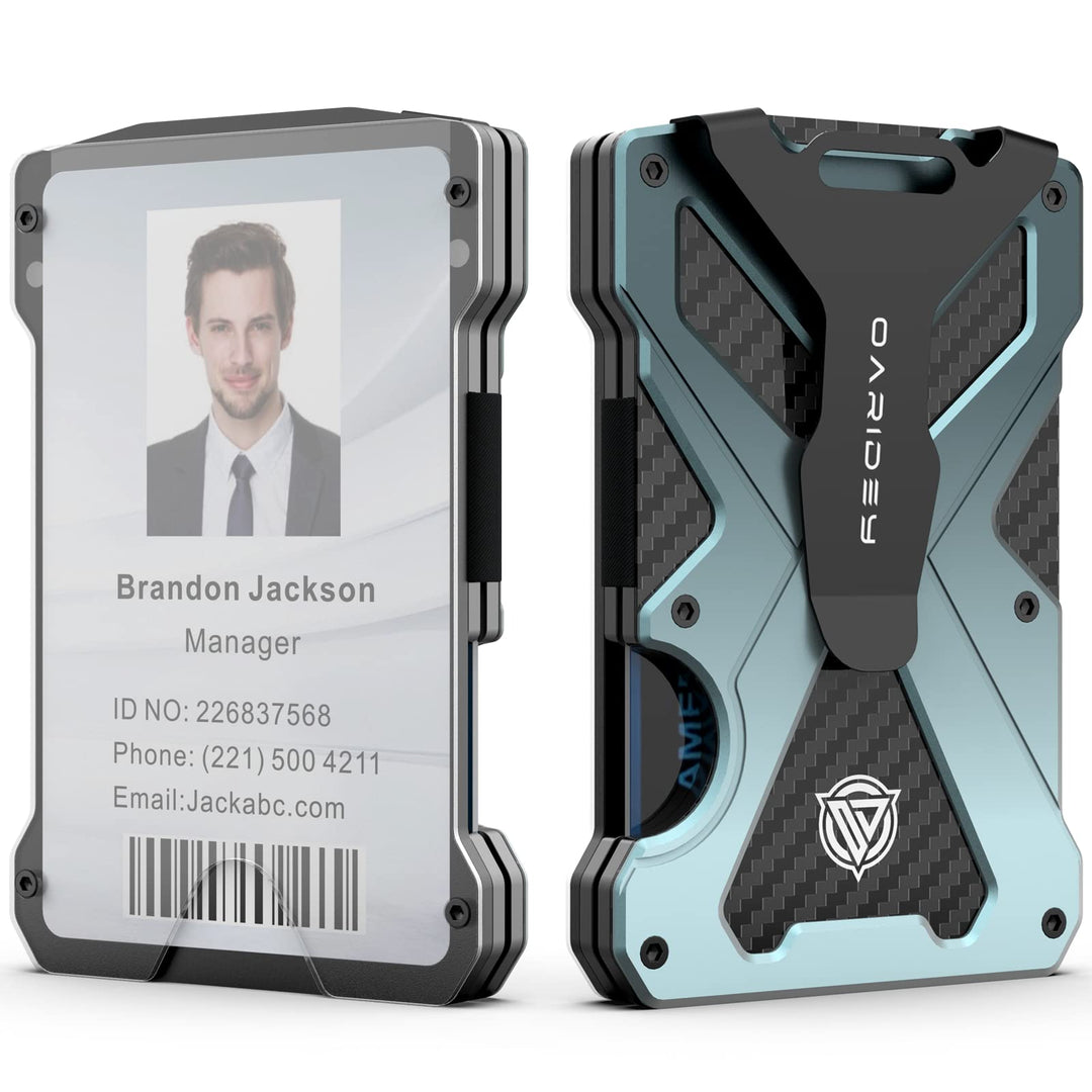 Oaridey Minimalist Wallet for Men- Slim Aluminum Metal Money Clip with Clear ID Card Holder, RFID Blocking, Holds up 15 Cards with Cash Clip, Ultra-Thin Tactical Carbon Fiber