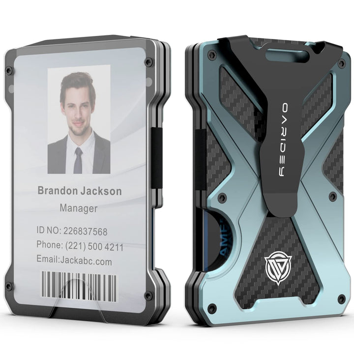Oaridey Minimalist Wallet for Men- Slim Aluminum Metal Money Clip with Clear ID Card Holder, RFID Blocking, Holds up 15 Cards with Cash Clip, Ultra-Thin Tactical Carbon Fiber