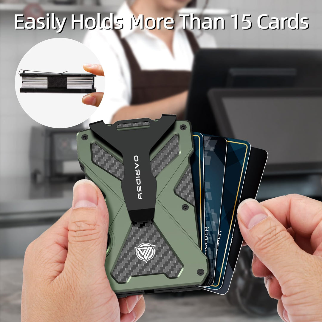 Oaridey Minimalist Wallet for Men- Slim Aluminum Metal Money Clip with Clear ID Card Holder, RFID Blocking, Holds up 15 Cards with Cash Clip, Ultra-Thin Tactical Carbon Fiber
