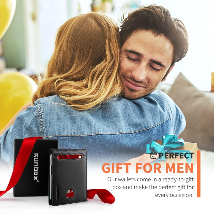 محفظة رن بوكس (RUNBOX) النحيفة للرجال - محفظة جلدية ثنائية الطي مزودة بمشبك للنقود وحماية من مسح البيانات (RFID)، تصميم بسيط للجيب الأمامي، تتسع لـ 11 بطاقة، تصميم رفيع، حماية من مسح البيانات (RFID)