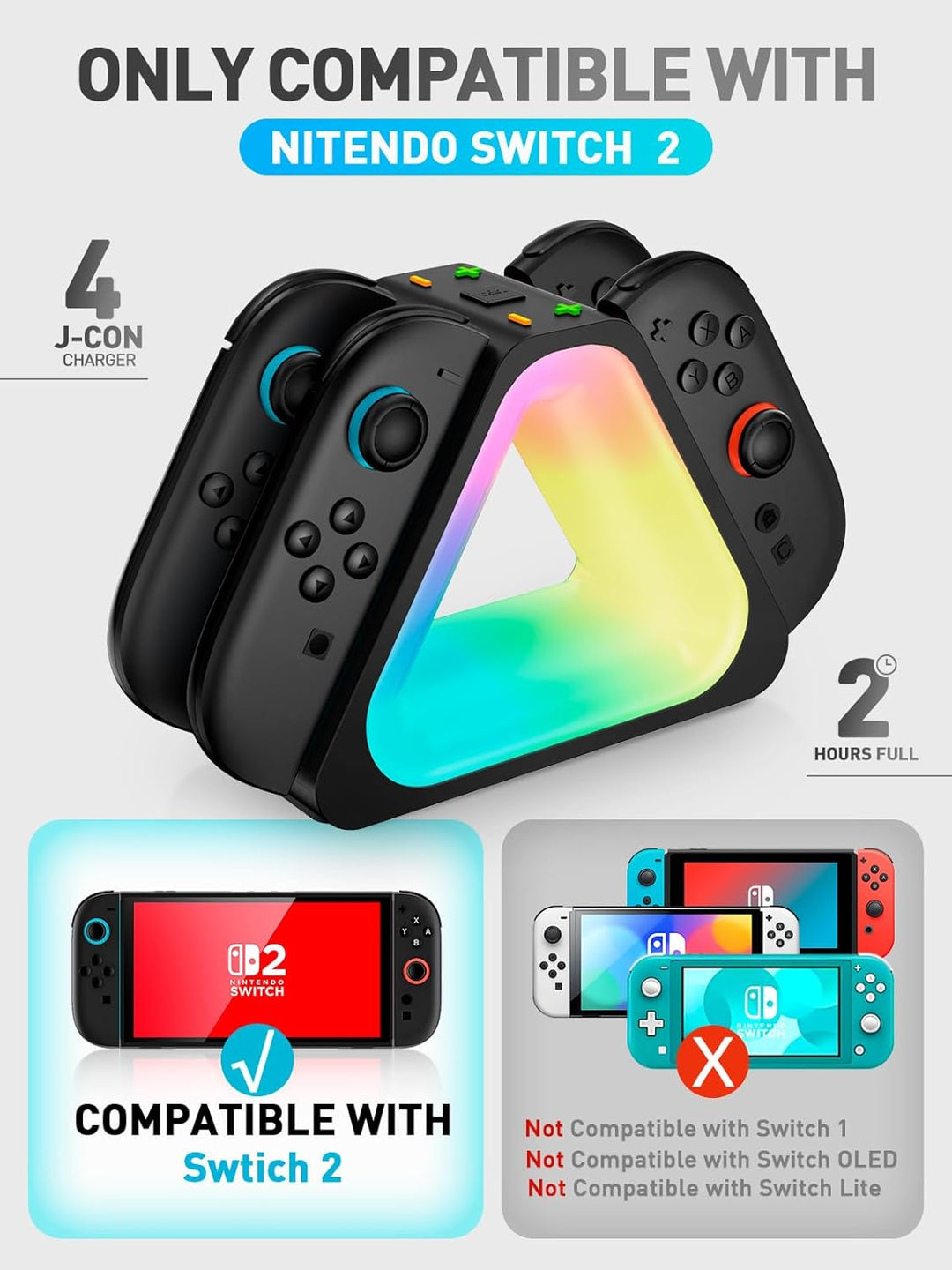i-Blason Charging Dock for Nintendo Switch 2 Joycon Controller, [7 Adjustable RGB Lighting] [Magnetic Design] 4 in 1 Fast Charger Station for Switch 2 Joycon with LED Indication & Type-C Charger Cable