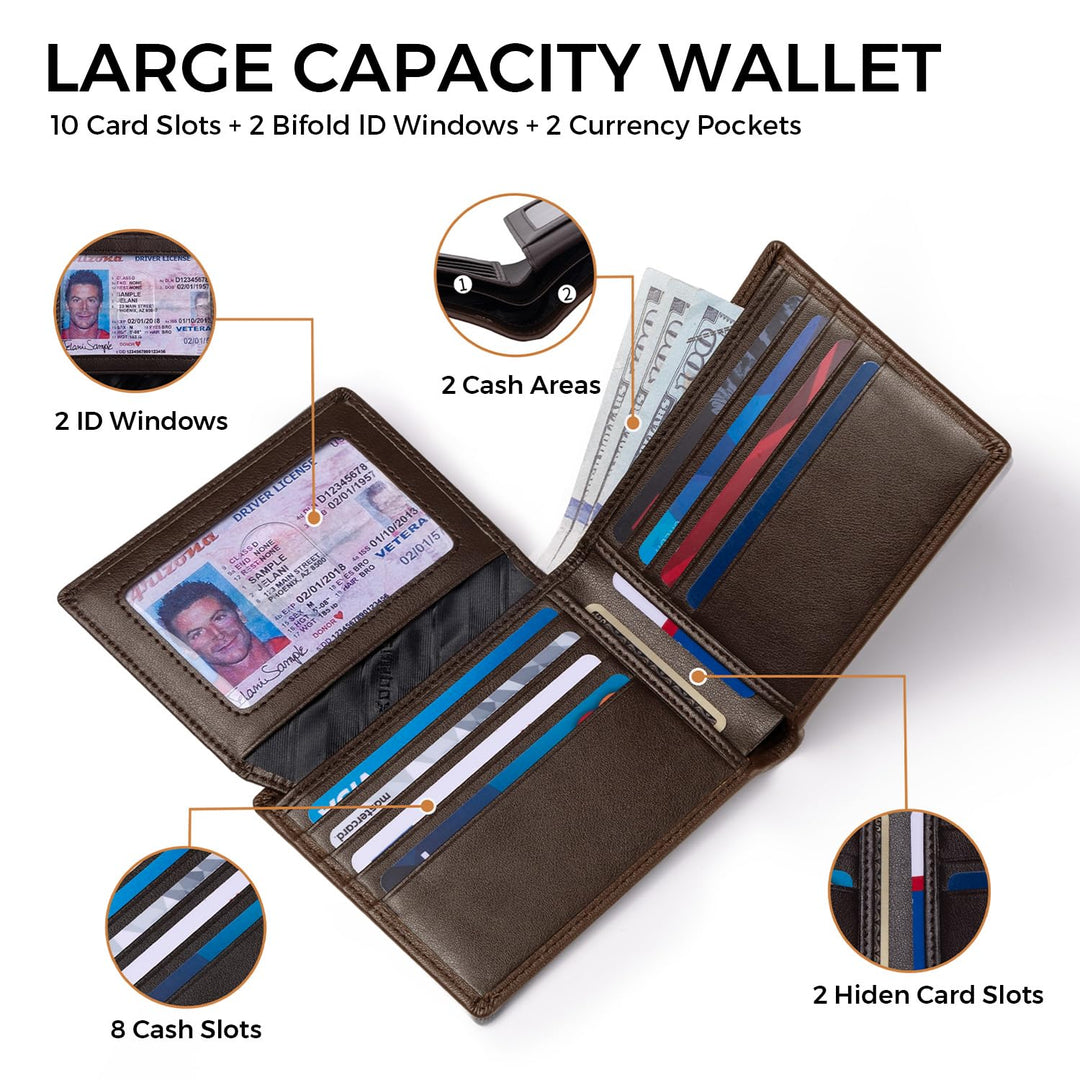 RUNBOX Wallet for Men Leather RFID Blocking Bifold Front Pocket Wallet Genuine Leather,Slim,12 Card Slots,2 ID Windows,2 Money Pockets, Gift for Men,Compact Travel Business Passport