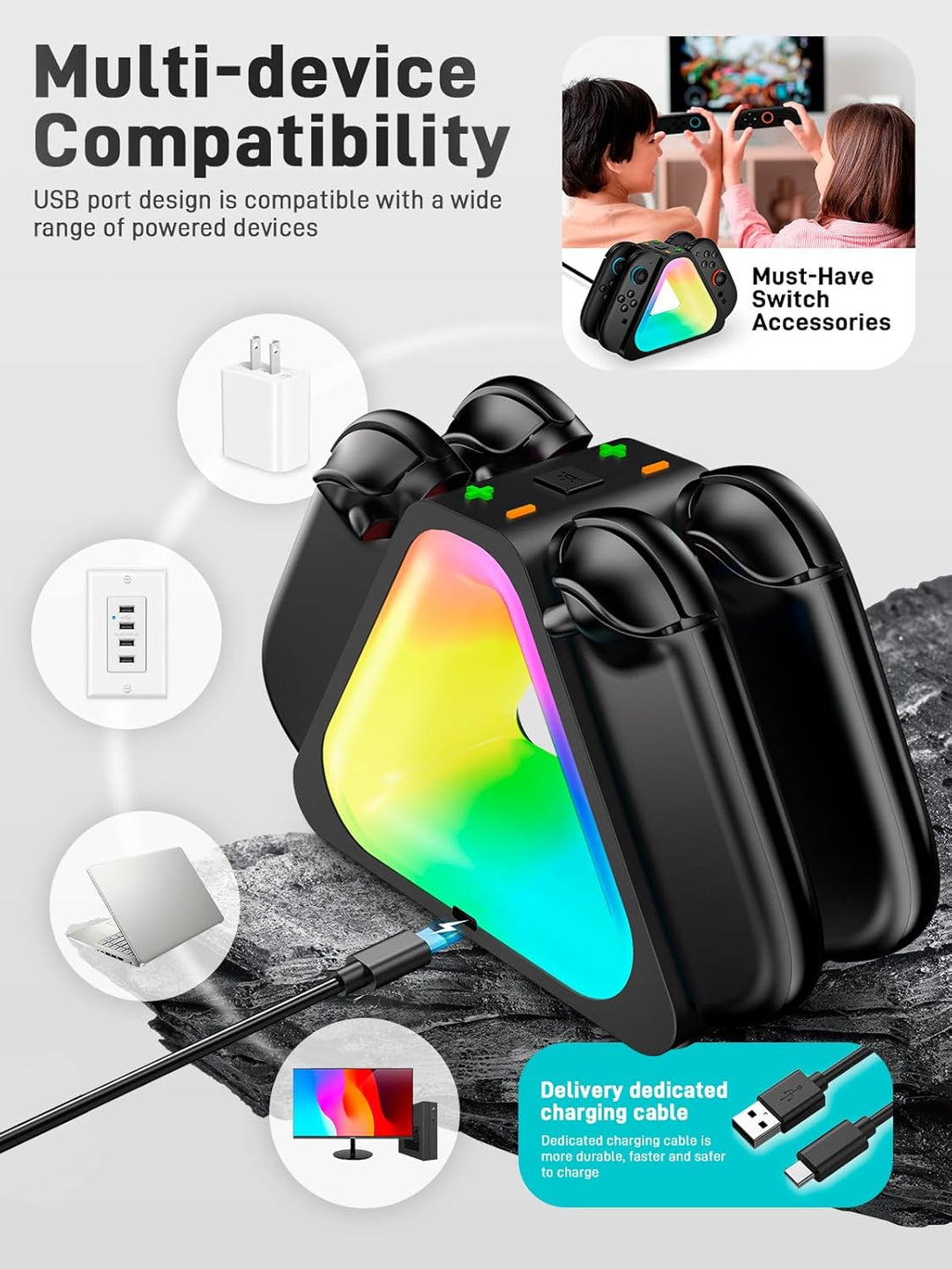 i-Blason Charging Dock for Nintendo Switch 2 Joycon Controller, [7 Adjustable RGB Lighting] [Magnetic Design] 4 in 1 Fast Charger Station for Switch 2 Joycon with LED Indication & Type-C Charger Cable