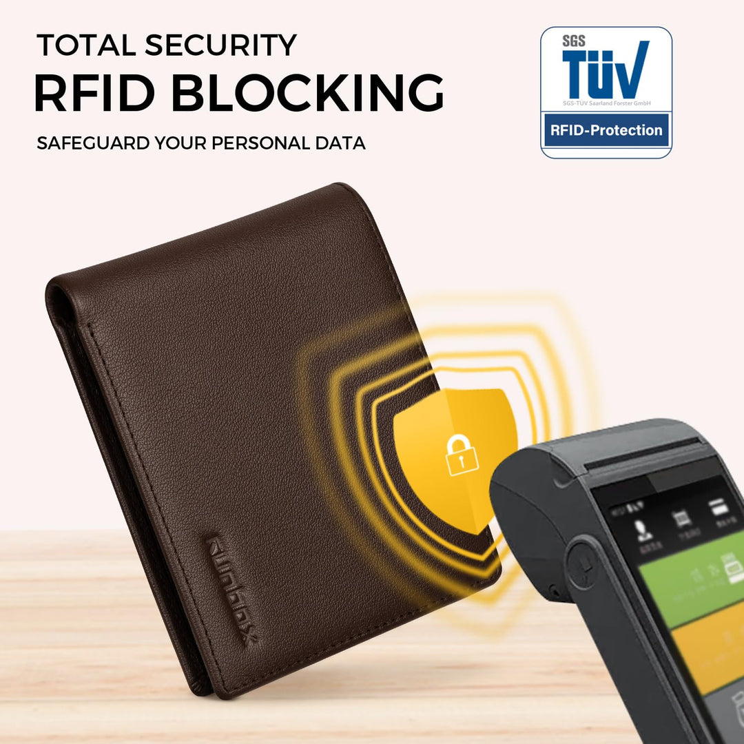 RUNBOX Wallet for Men Leather RFID Blocking Bifold Front Pocket Wallet Genuine Leather,Slim,12 Card Slots,2 ID Windows,2 Money Pockets, Gift for Men,Compact Travel Business Passport