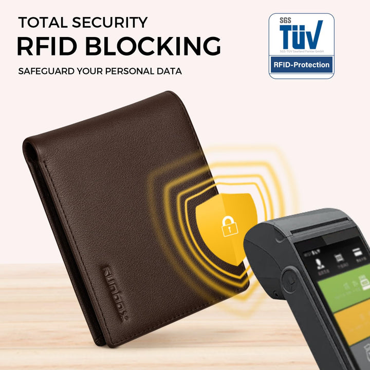 RUNBOX Wallet for Men Leather RFID Blocking Bifold Front Pocket Wallet Genuine Leather,Slim,12 Card Slots,2 ID Windows,2 Money Pockets, Gift for Men,Compact Travel Business Passport