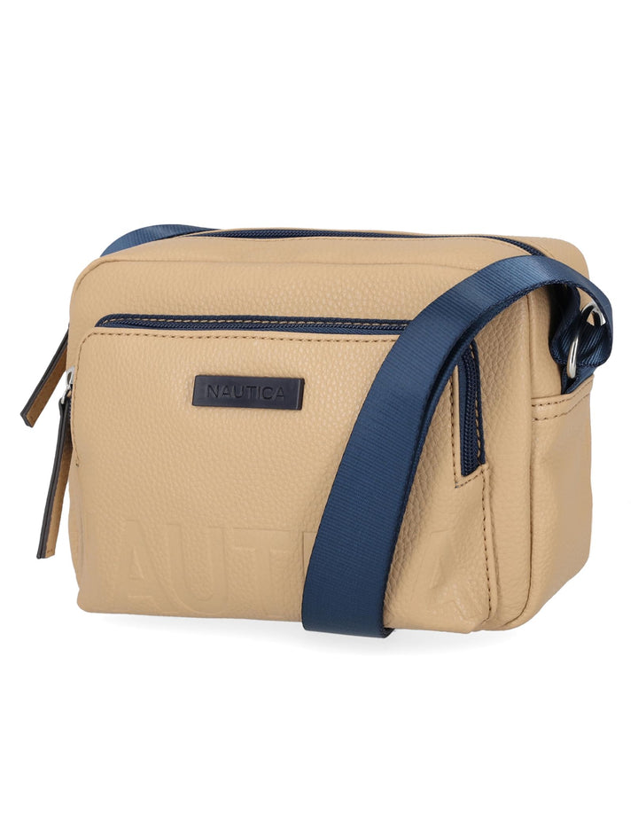 Beige crossbody bag with blue strap on a white background