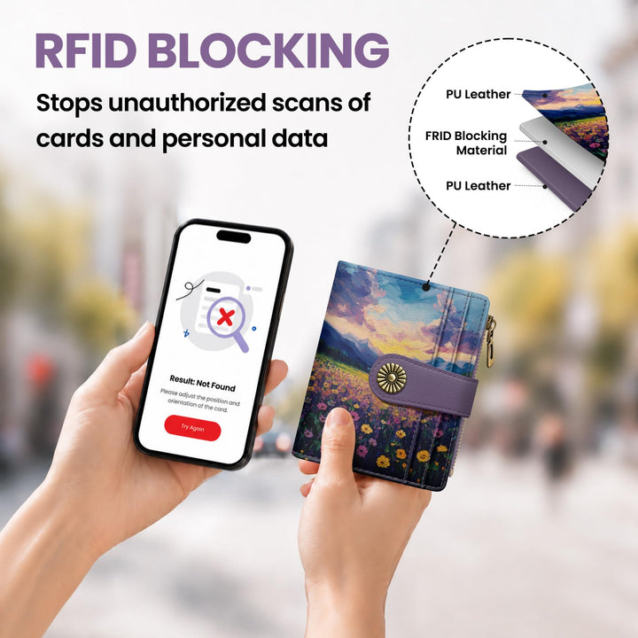 محفظة ألونيد الصغيرة للنساء، محفظة بطاقات ثنائية الطي لطيفة ومحمية من تقنية RFID، تحتوي على 10 فتحات للبطاقات، ومقصورة للنقود، وجيب بسحاب للعملات المعدنية، ونافذة للهوية، بحجم مدمج ومصنوعة من جلد نباتي ناعم
