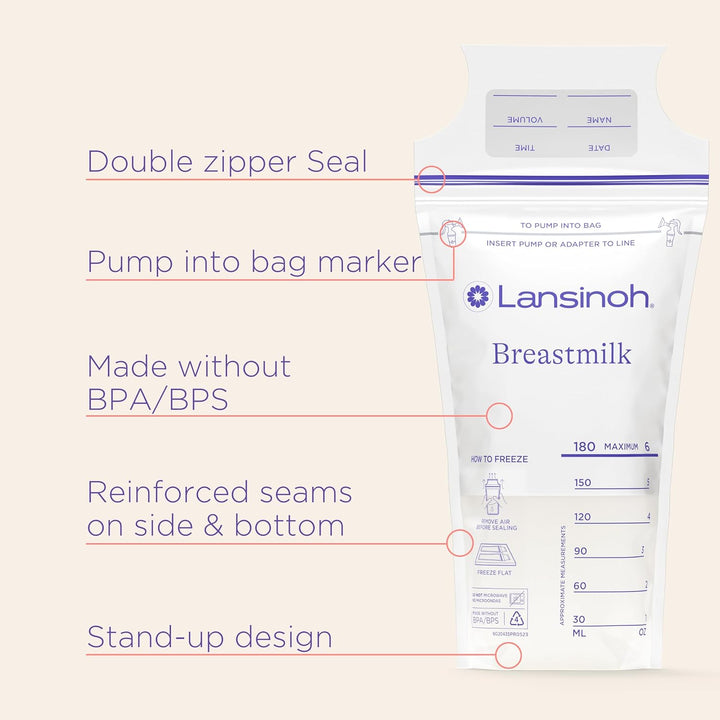 Lansinoh Breastmilk Storage Bags, 100 Count, Easy to Use Breast Milk Storage Bags for Feeding, Baby Essentials, Presterilized, Hygienically Doubled-Sealed for Freezing & Refrigeration