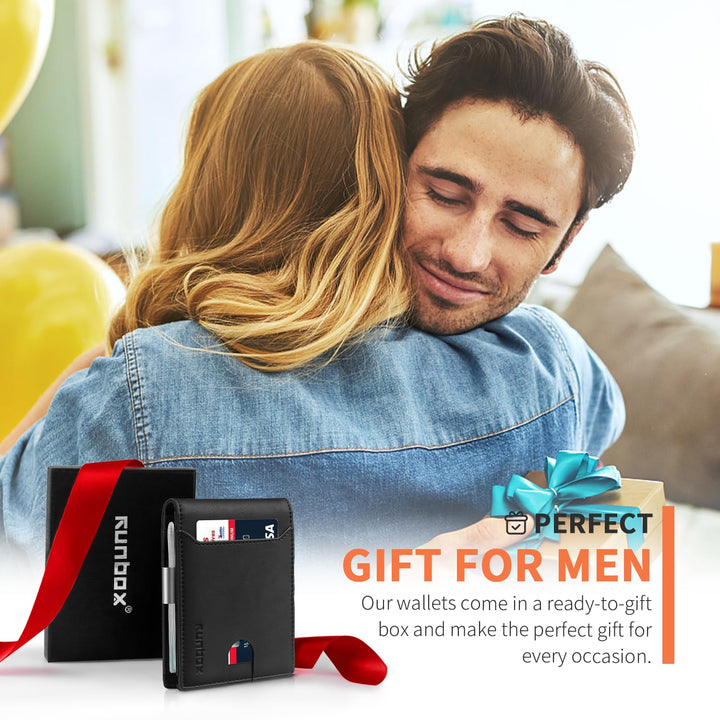 محفظة رن بوكس (RUNBOX) النحيفة للرجال - محفظة جلدية ثنائية الطي مزودة بمشبك للنقود وحماية من مسح البيانات (RFID)، تصميم بسيط للجيب الأمامي، تتسع لـ 11 بطاقة، تصميم رفيع، حماية من مسح البيانات (RFID)