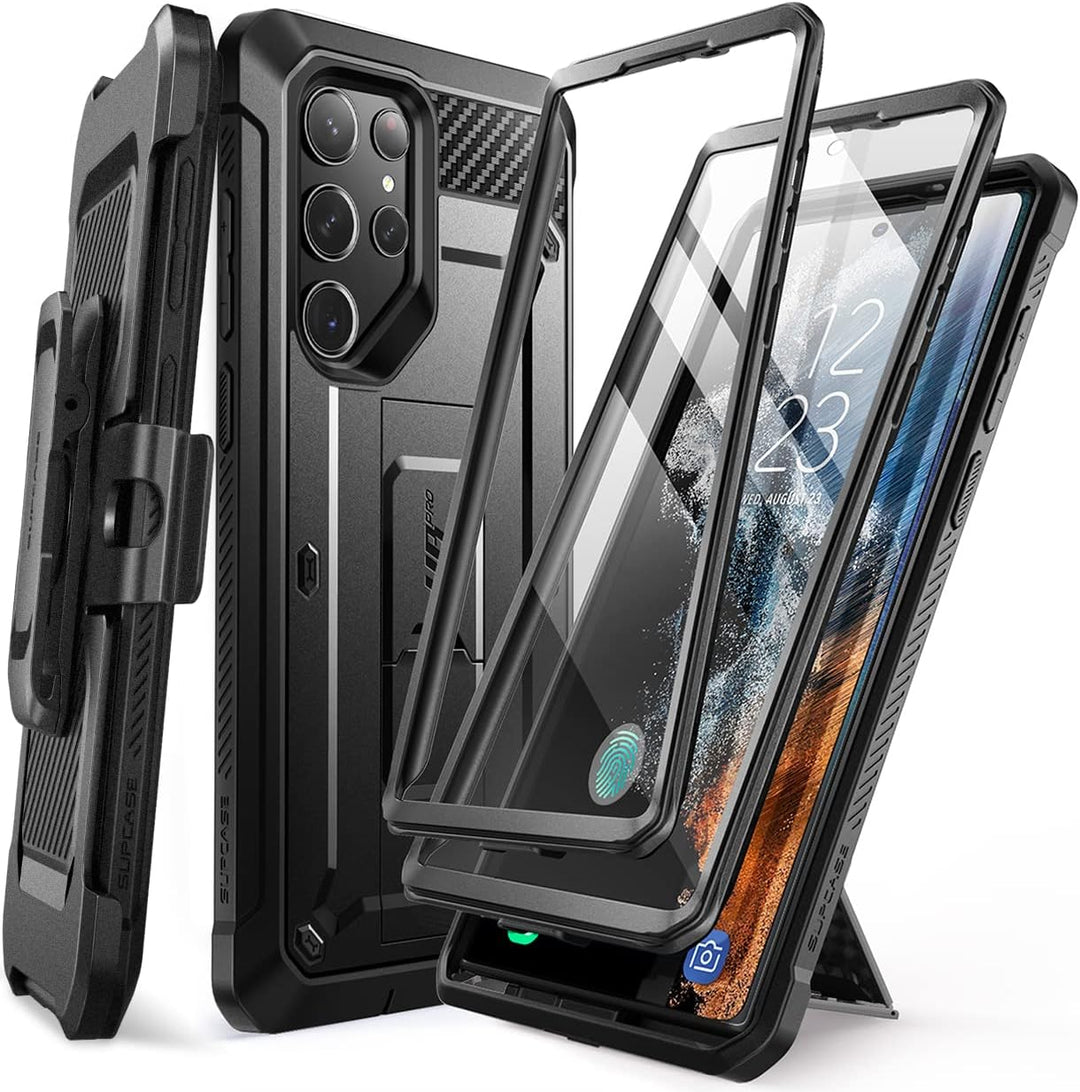 SUPCASE Unicorn Beetle Pro Case for Samsung Galaxy S23 Ultra 5G (2023), [Extra Front Frame] Full-Body Dual Layer Rugged Belt-Clip & Kickstand Case with Built-in Screen Protector (Black) - 3alababak