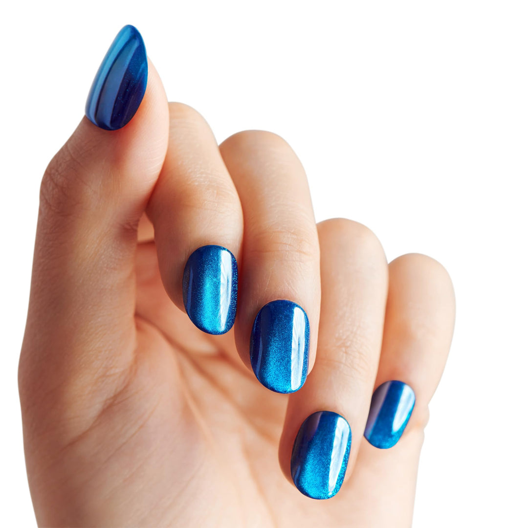 KISS colorFX by imPRESS Press On Nails , ‘Reconnect’, Solid Blue with Pearlescent Finish, Short Oval, New &amp; Improved Adhesive, Includes 30 Fake Nails, Prep Pad, 1 Manicure Stick, 1 Mini Nail File