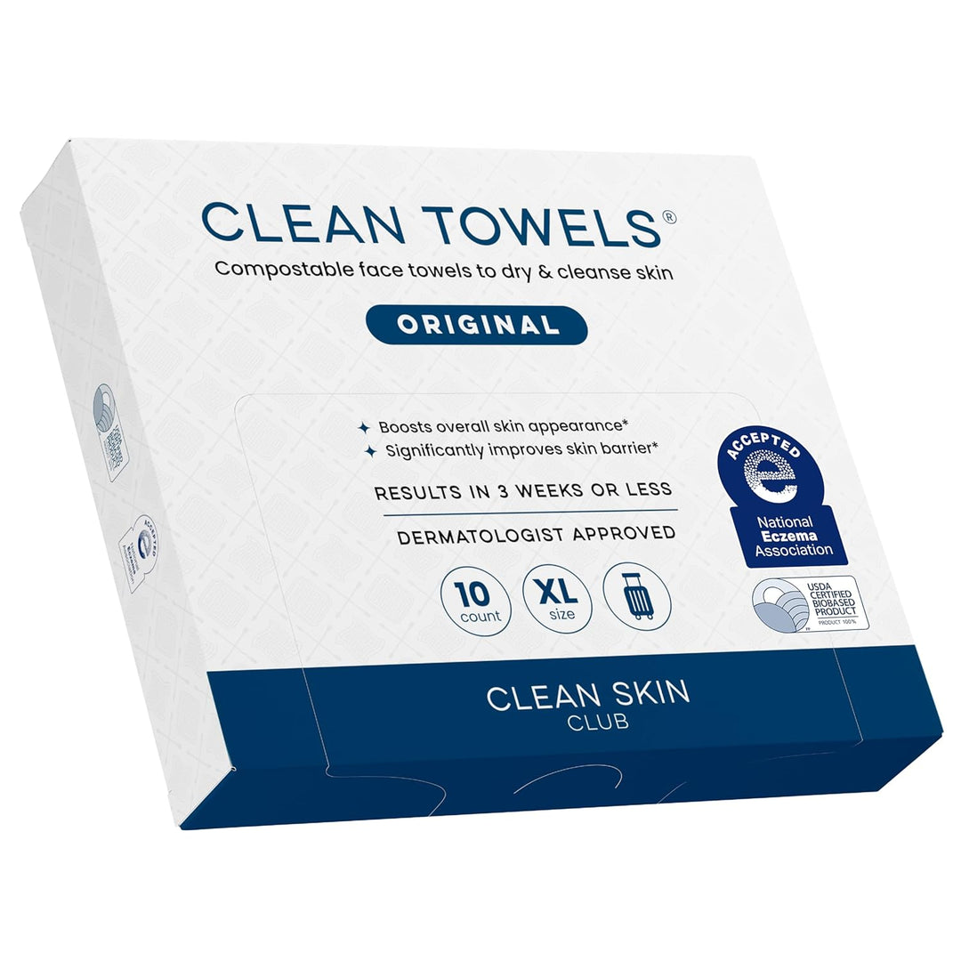 Clean Skin Club Clean Towels XL®, Travel Pack 100% USDA Biobased Disposable Face Towel, Eczema Association Accepted,Dry Wipes, TSA-Approved Travel Essential, 1 Pack, 10 ct Total