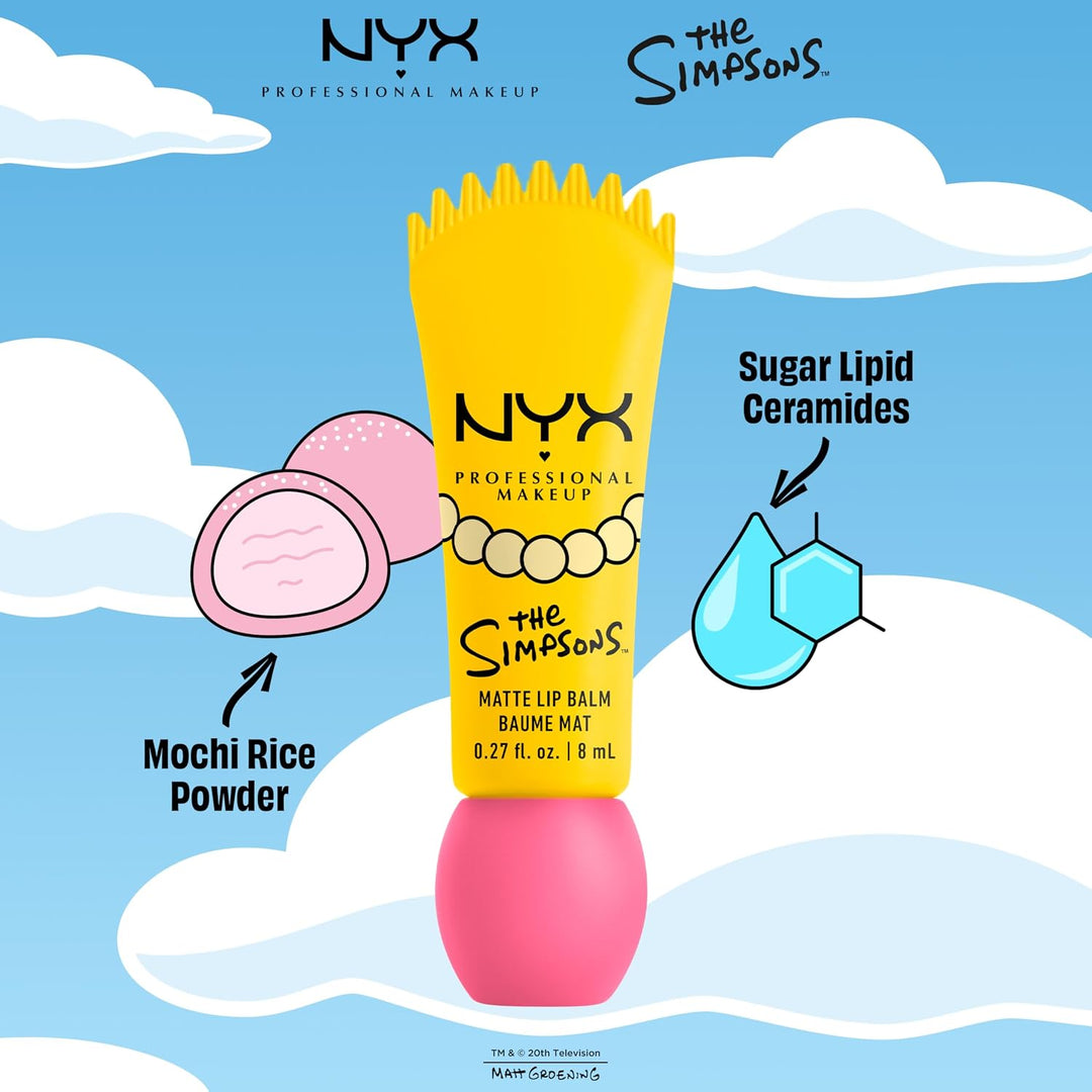 بلسم الشفاه المطفي سموشي من NYX PROFESSIONAL MAKEUP، مكياج شفاه قابل للبناء ومموّه، بالتعاون مع ذا سيمبسونز، نباتي ولم يختبر على الحيوانات