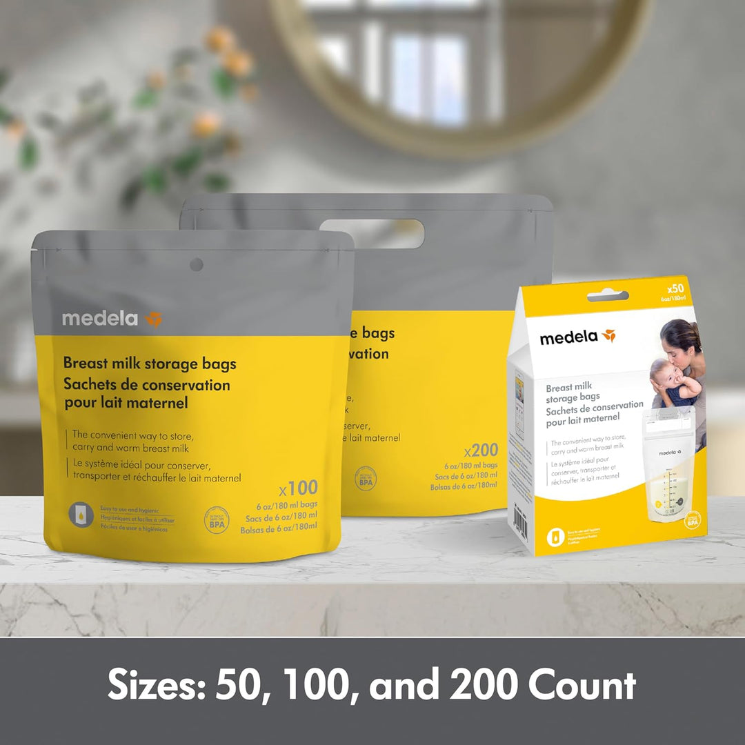 Medela Breast Milk Storage Bags, 100 Count, Ready to Use Breastmilk Bags for Breastfeeding, Self Standing Bag, Space Saving Flat Profile, Hygienically Pre-Sealed, White, 6 Ounce