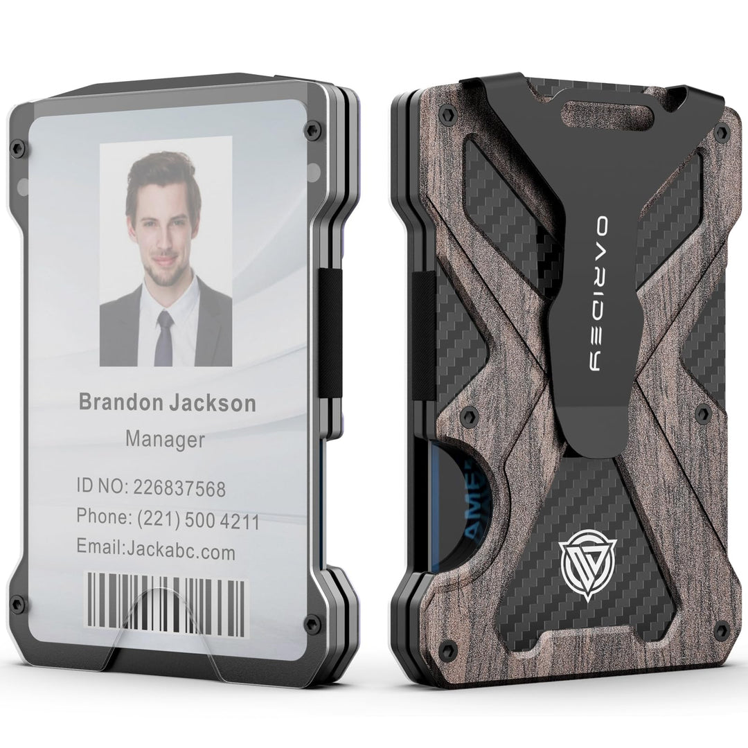 Oaridey Minimalist Wallet for Men- Slim Aluminum Metal Money Clip with Clear ID Card Holder, RFID Blocking, Holds up 15 Cards with Cash Clip, Ultra-Thin Tactical Carbon Fiber