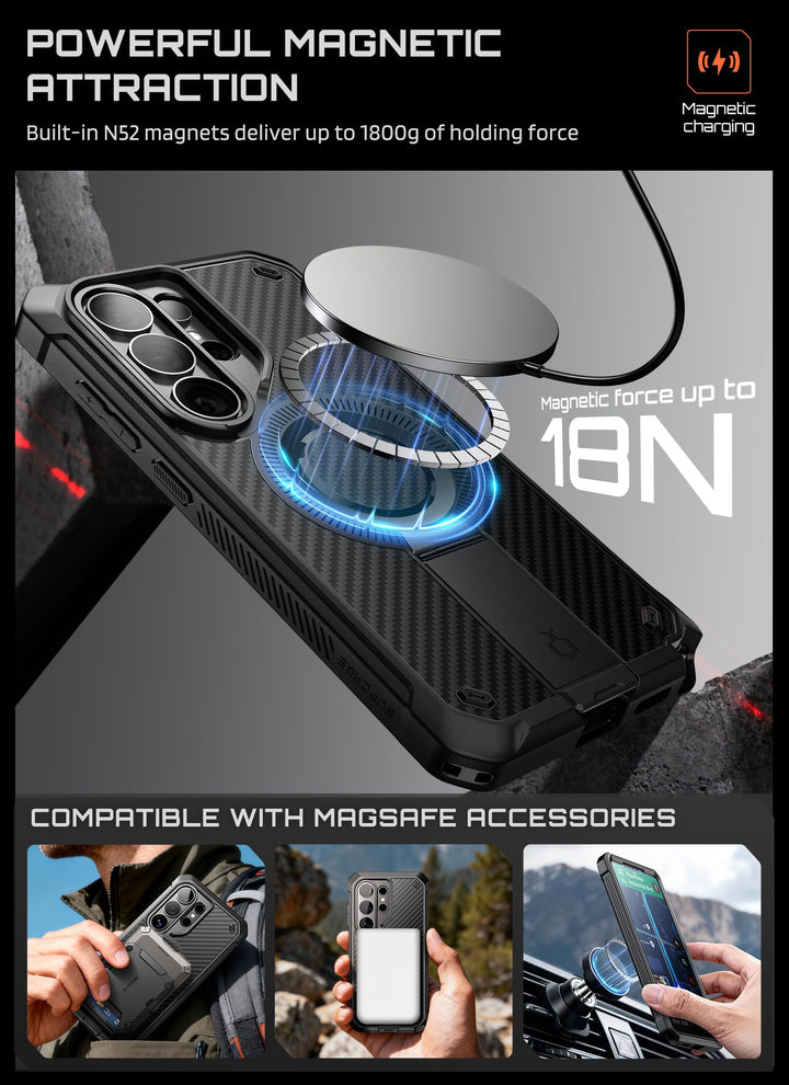 حافظة SUPCASE لسلسلة Samsung Galaxy S26 مزودة بحامل مدمج، وحماية بمعيار عسكري، ومتوافقة مع MagSafe، ومشبك حزام قابل للفصل، وواقي شاشة وإطار أمامي مدمجين، UBPro Mag